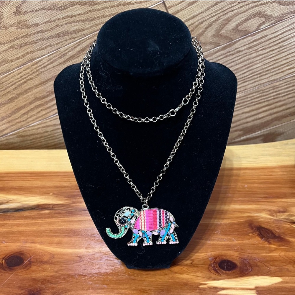 Boho Elephant Statement Necklace Colorful Bead Woven‎ Fabric Silver Tone Chain